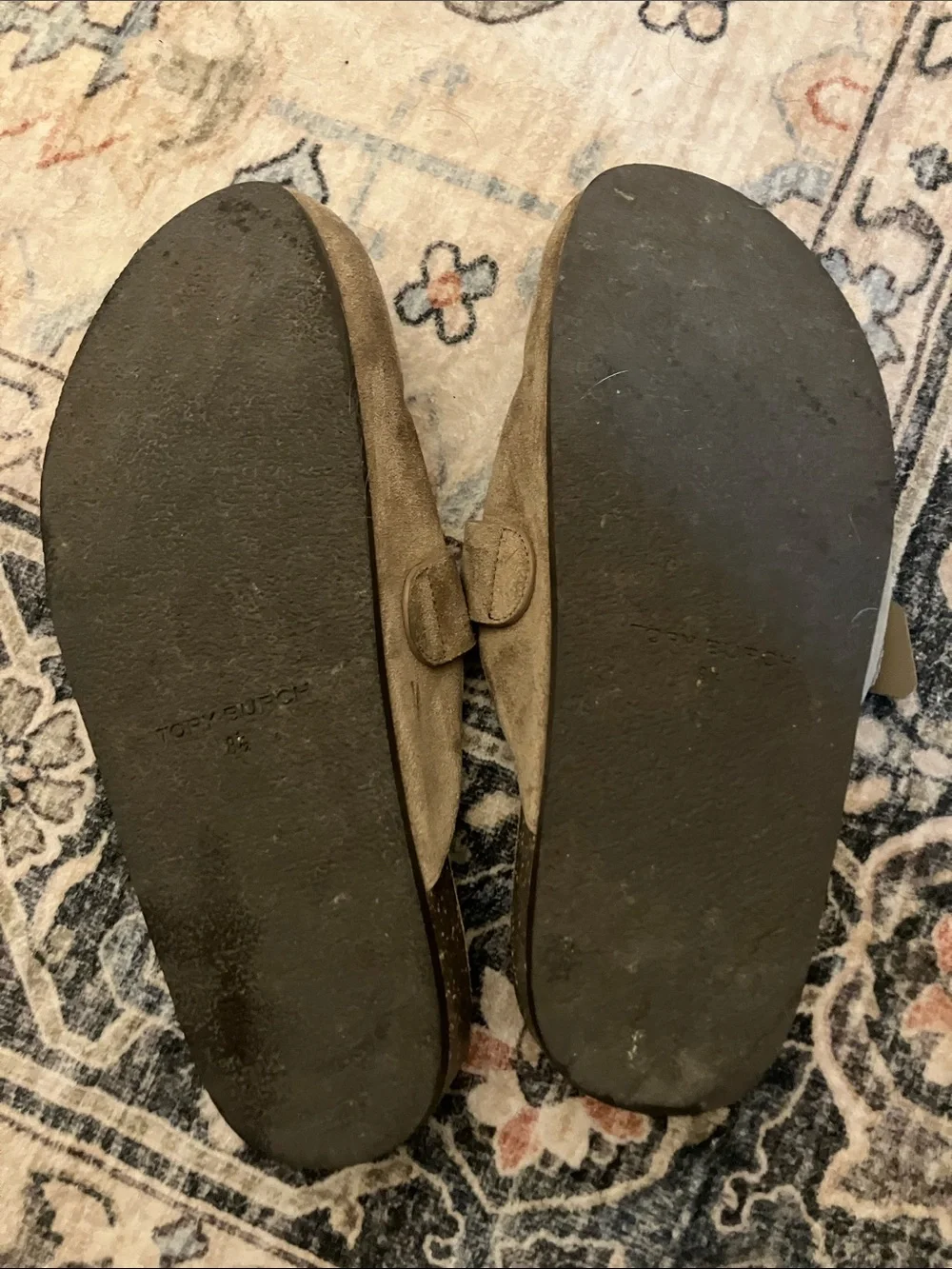 Tory Burch Taupe Suede Slide Mules with Gold Logo Accents